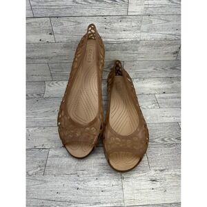 Crocs Isabella Peep Toe Flat Sandals Bronze Tan Floral Cutout Women Sz 10 202468